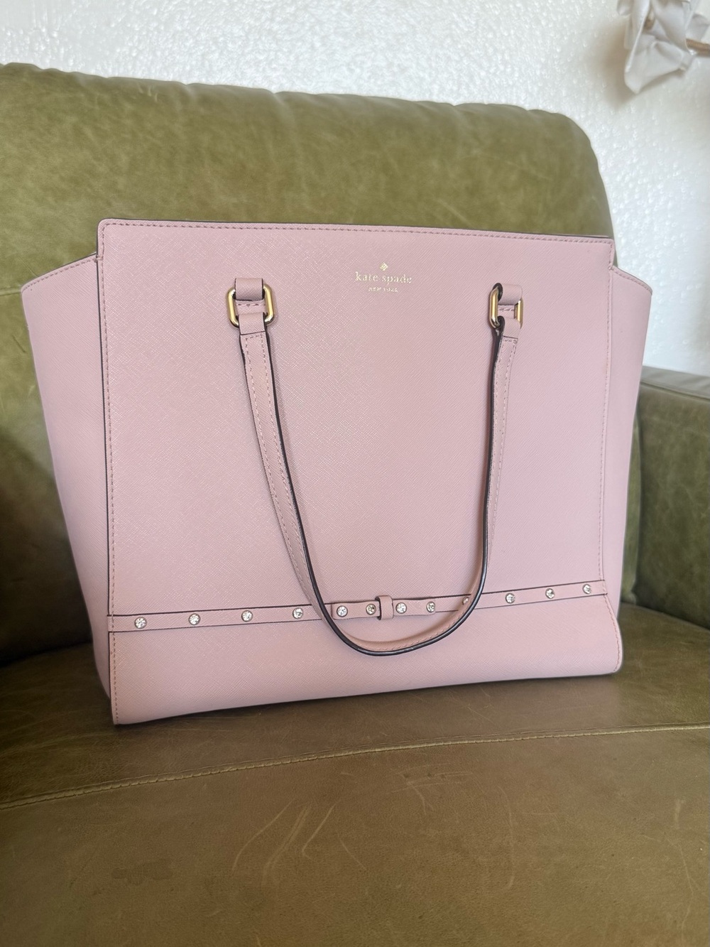 Kate Spade Blush Pink Laurel Way Jeweled Large Hadlee Satchel in Warm Vellum 12”